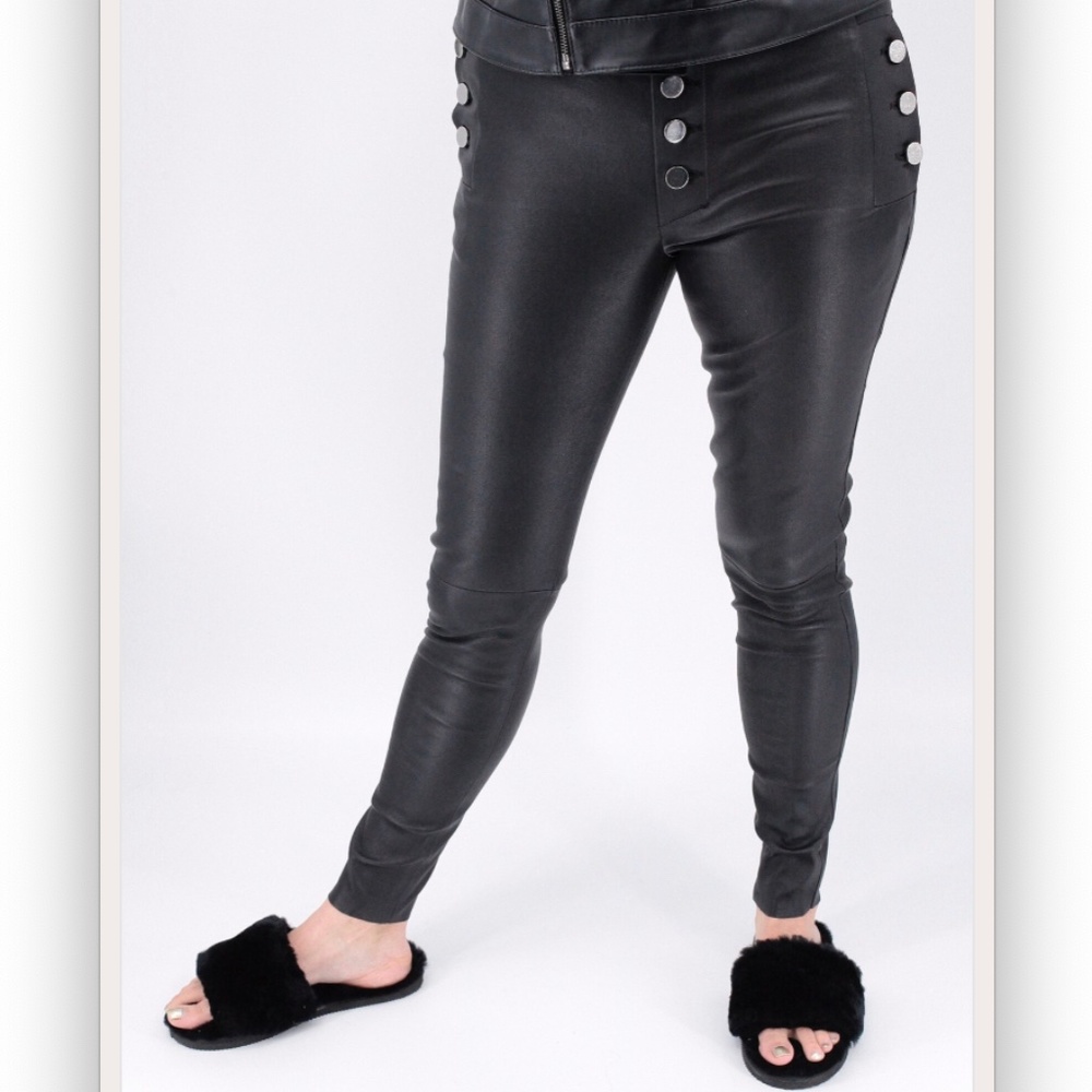 TASHA TARNO  Real Stretch Leather Pants with Silver Buttons